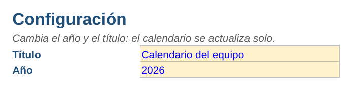 Calendario anual en Excel: hoja Configuración