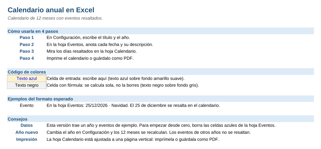 Calendario anual en Excel: hoja Instrucciones
