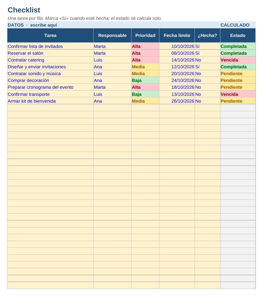 Checklist en Excel: hoja Checklist