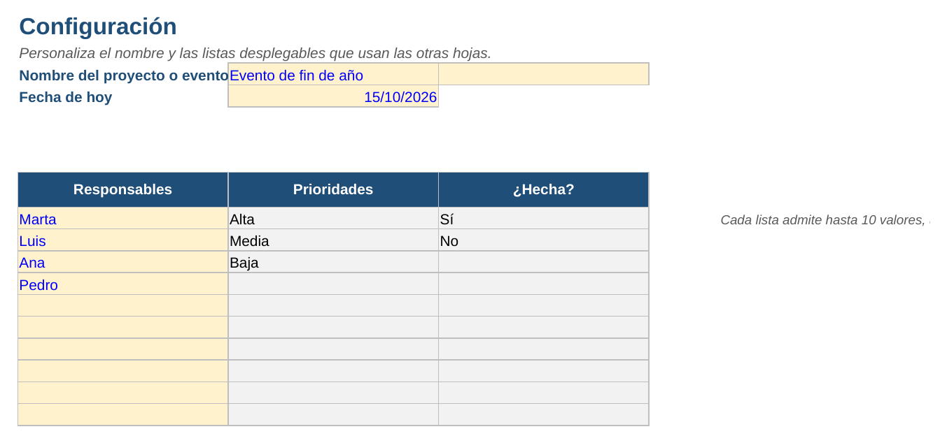 Checklist en Excel: hoja Configuración