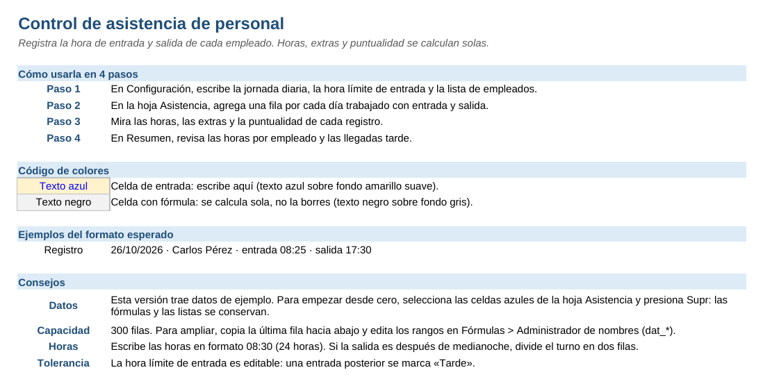 Control de asistencia de personal: hoja Instrucciones