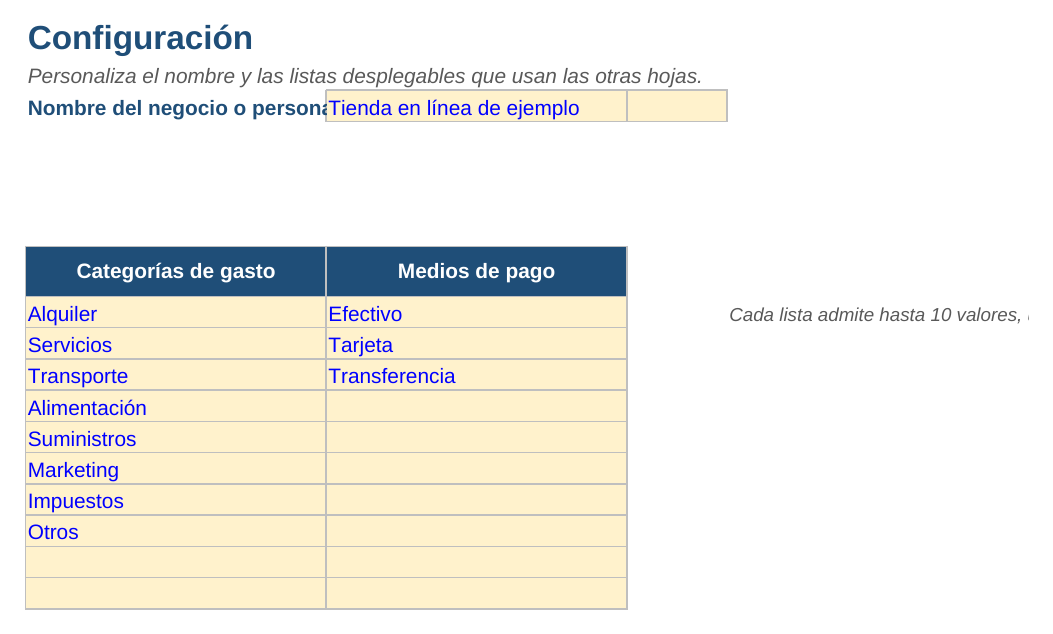 Control de gastos en Excel: hoja Configuración
