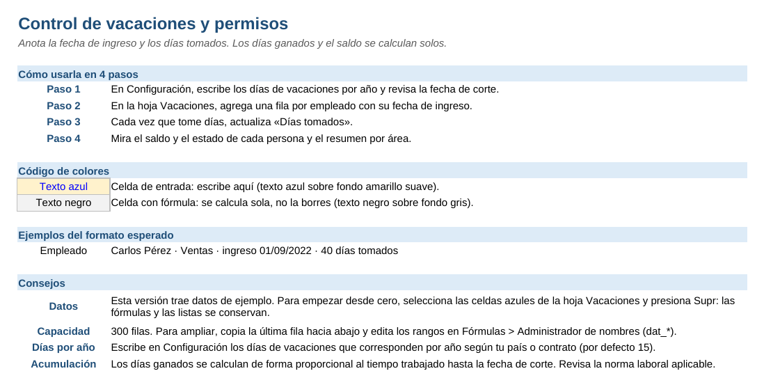 Control de vacaciones y permisos: hoja Instrucciones