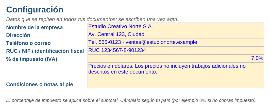 Cotización en Excel: hoja Configuración