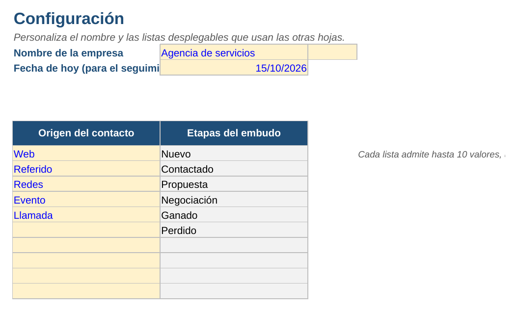 CRM en Excel: hoja Configuración