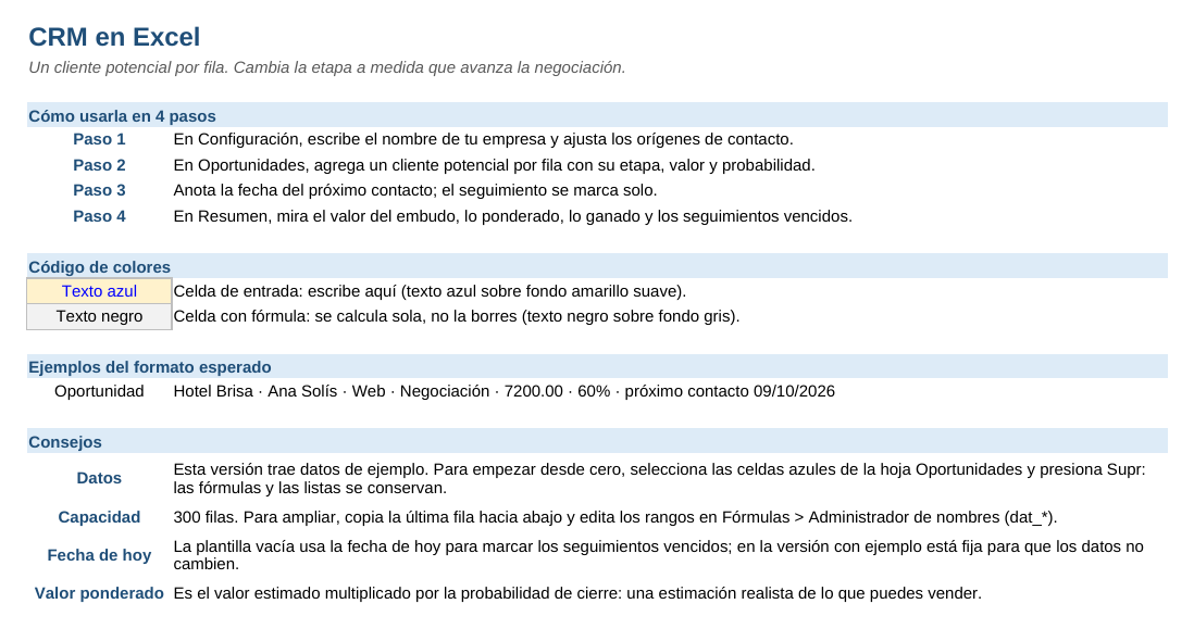 CRM en Excel: hoja Instrucciones