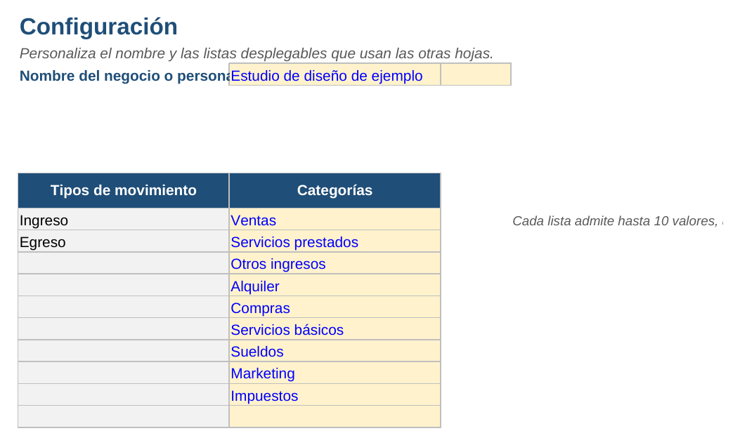 Control de ingresos y egresos: hoja Configuración
