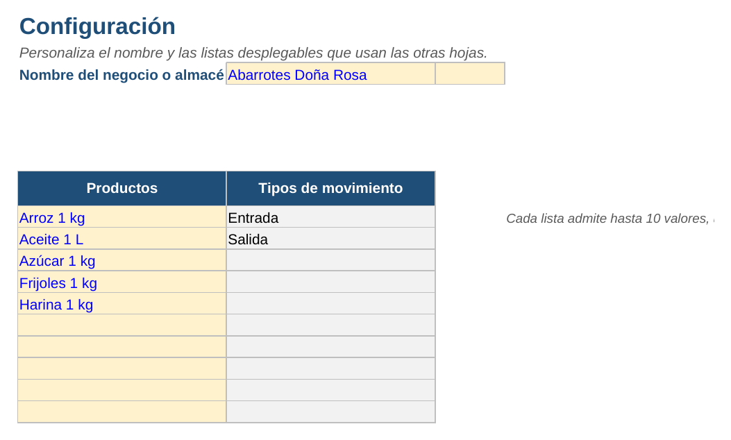 Inventario de entradas y salidas: hoja Configuración
