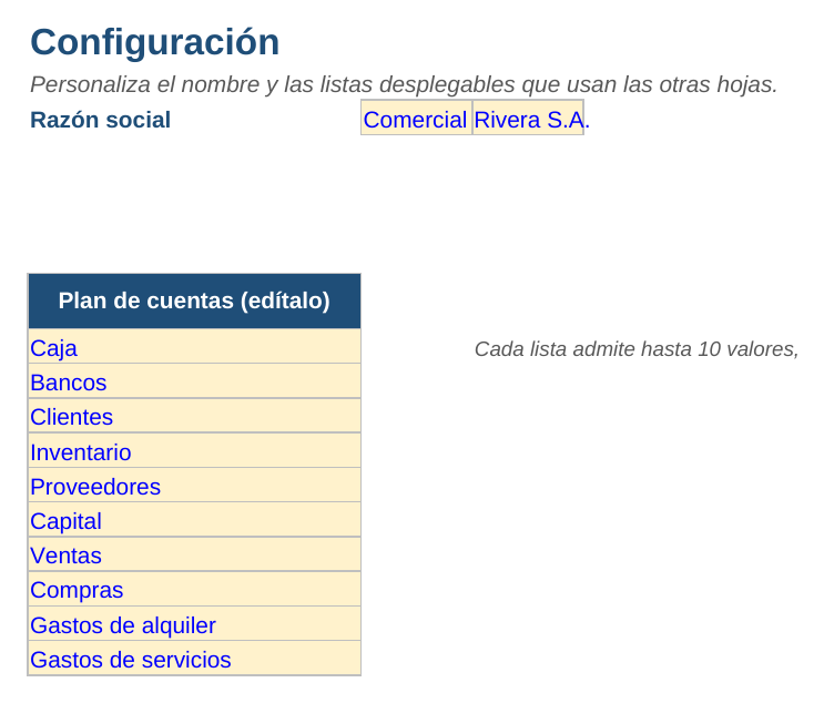Libro diario: hoja Configuración