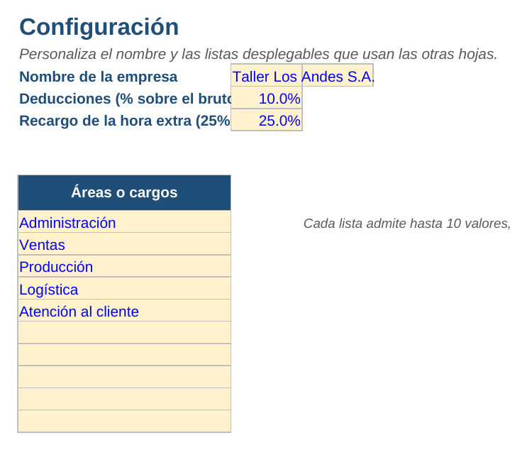 Nómina en Excel: hoja Configuración