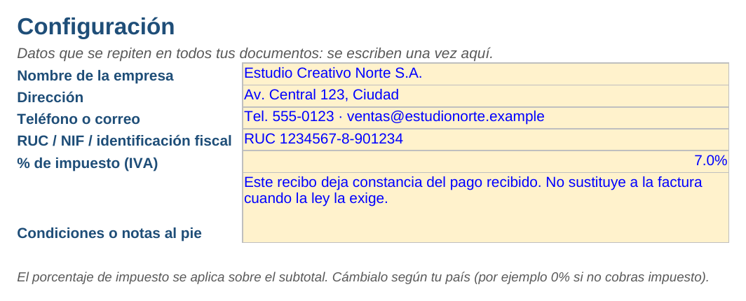 Recibo de pago en Excel: hoja Configuración