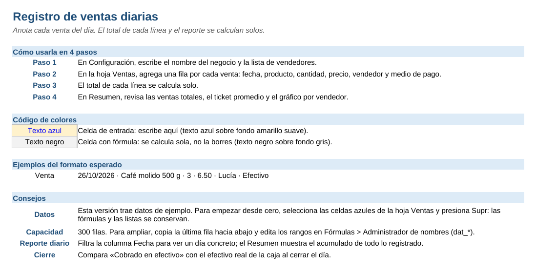 Registro de ventas diarias: hoja Instrucciones
