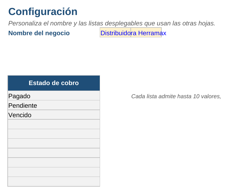 Control de ventas en Excel: hoja Configuración