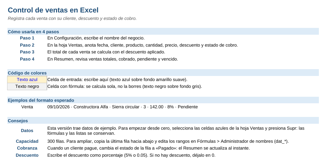 Control de ventas en Excel: hoja Instrucciones
